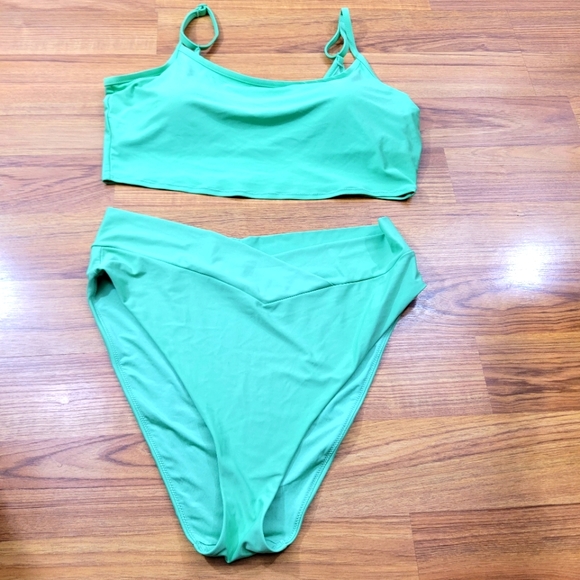 aerie Swim Aerie Mint Green Smooth High Waist Crossover Scoop